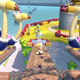 A screenshot from Bowser's Fury showing Cat Mario running through a colorful gauntlet of birds.
